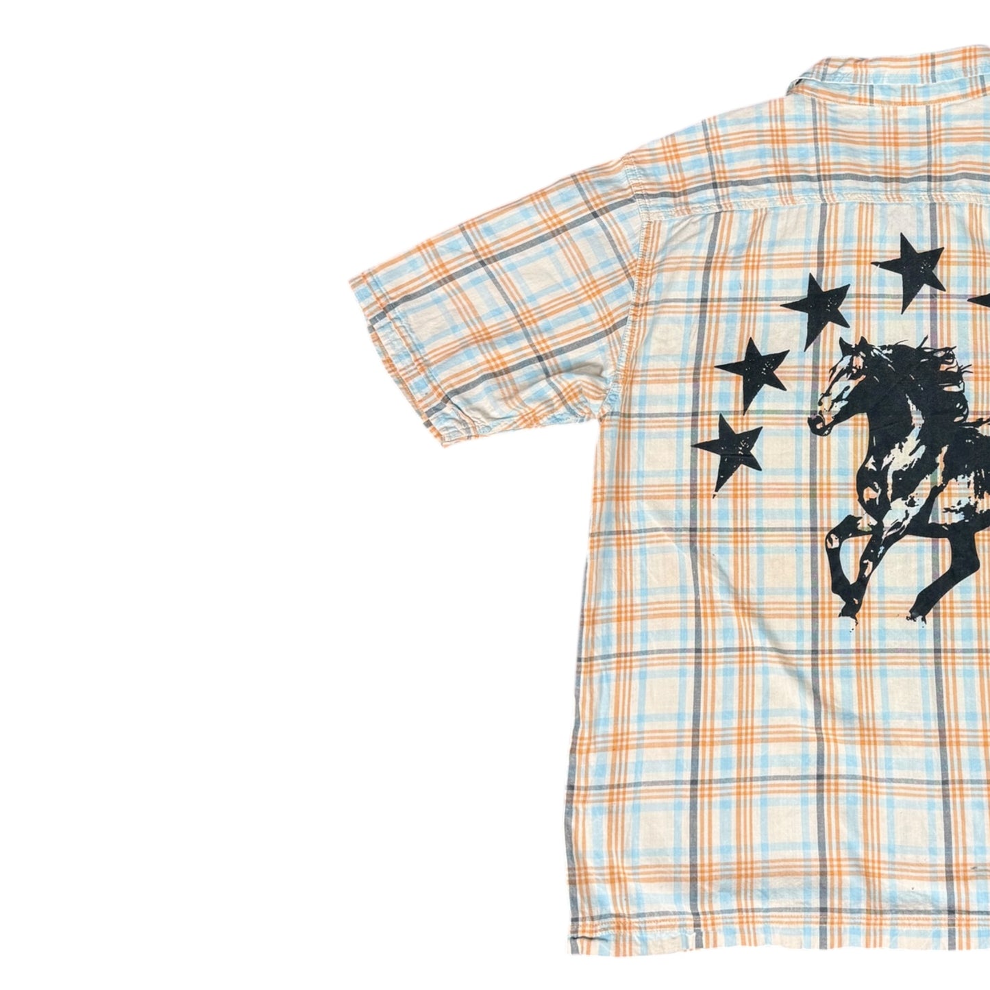 CAMISA MANGA CORTA SUKI CUADROS NARANJA AZUL LETRAS NEGRAS TALLA M SK220