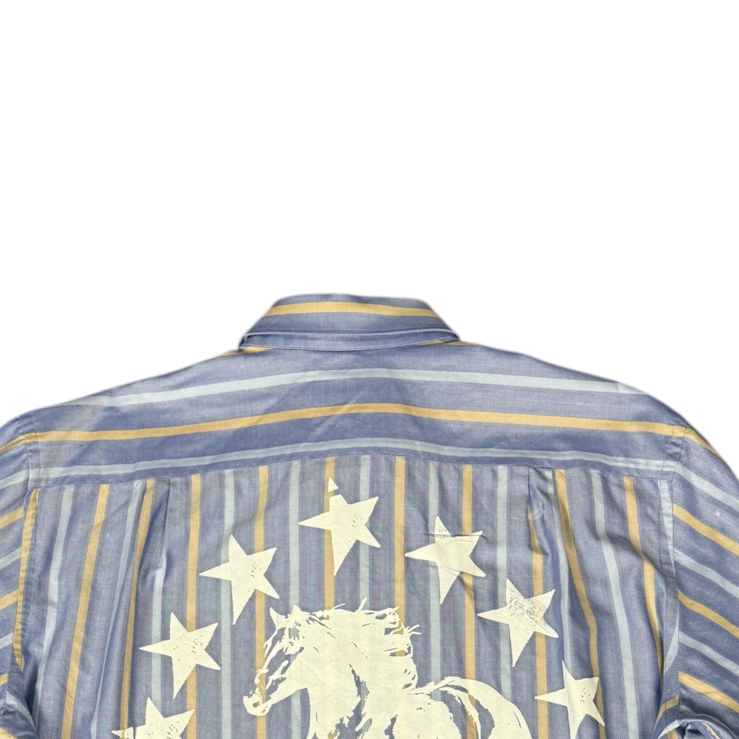 CAMISA MANGA LARGA SUKI AZUL RAYAS AMARILLAS LETRAS BLANCAS TALLA L SK214
