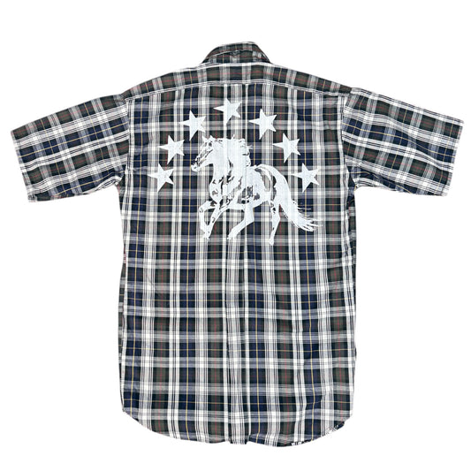 CAMISA MANGA LARGA SUKI CUADROS AZUL VERDE LETRAS BLANCAS TALLA L SK218