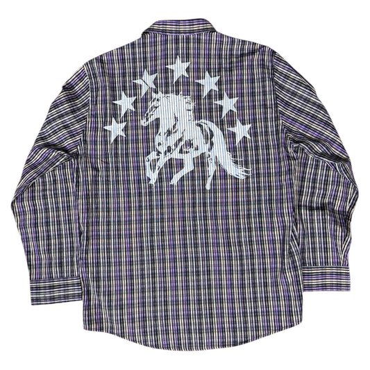 CAMISA MANGA LARGA SUKI MORADA CUADROS LETRAS BLANCAS TALLA L SK211