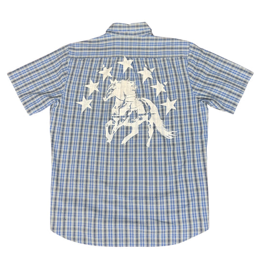 CAMISA MANGA CORTA SUKI AZUL CUADROS LETRAS BLANCAS TALLA L SK221