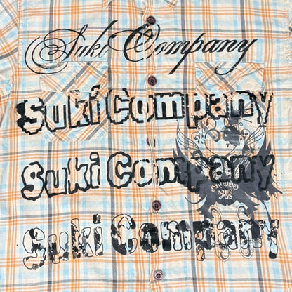 CAMISA MANGA CORTA SUKI CUADROS NARANJA AZUL LETRAS NEGRAS TALLA M SK220