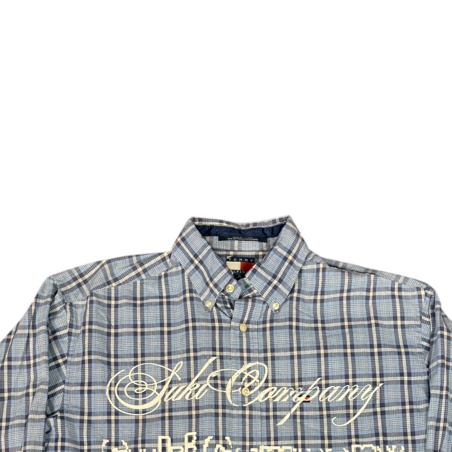 CAMISA MANGA LARGA SUKI AZUL CUADROS LETRAS BLANCAS TALLA L SK222