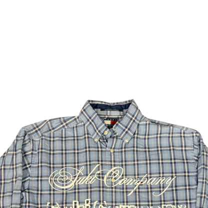 CAMISA MANGA LARGA SUKI AZUL CUADROS LETRAS BLANCAS TALLA L SK222