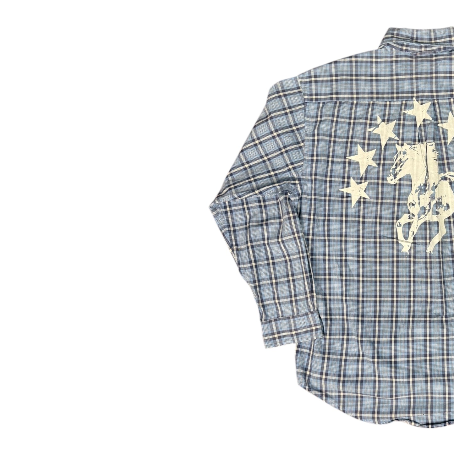 CAMISA MANGA LARGA SUKI AZUL CUADROS LETRAS BLANCAS TALLA L SK222