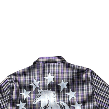CAMISA MANGA LARGA SUKI MORADA CUADROS LETRAS BLANCAS TALLA L SK211