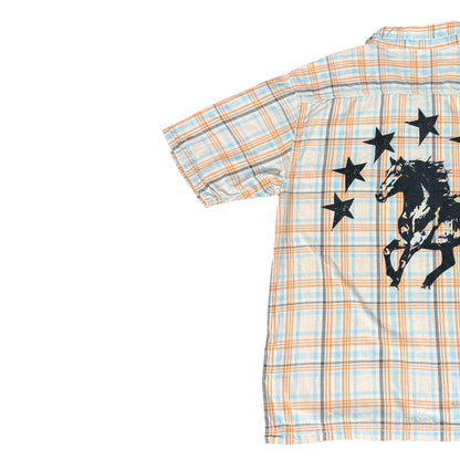 CAMISA MANGA CORTA SUKI CUADROS NARANJA AZUL LETRAS NEGRAS TALLA M SK220