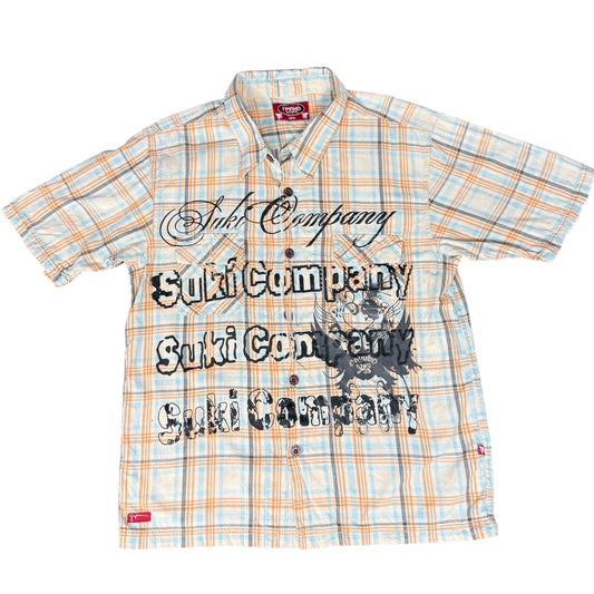 CAMISA MANGA CORTA SUKI CUADROS NARANJA AZUL LETRAS NEGRAS TALLA M SK220