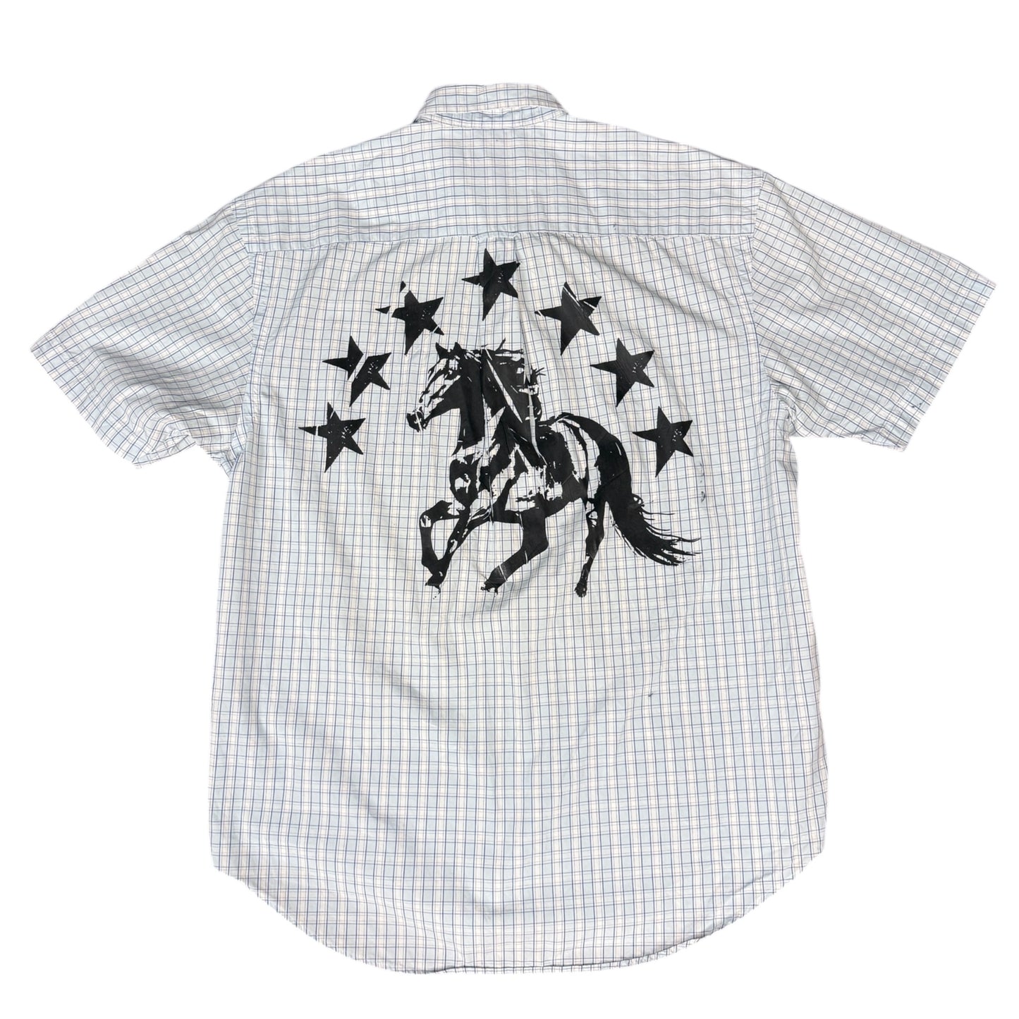CAMISA MANGA CORTA SUKI BLANCA CUADROS LETRAS NEGRAS TALLA M SK209