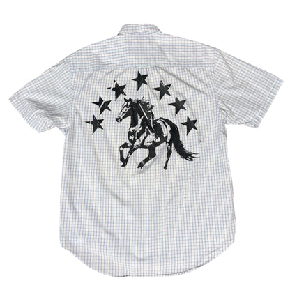 CAMISA MANGA CORTA SUKI BLANCA CUADROS LETRAS NEGRAS TALLA M SK209