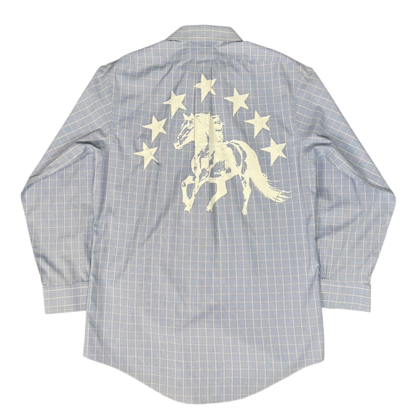 CAMISA MANGA LARGA SUKI AZUL CLARO CUADROS LETRAS BLANCAS TALLA L SK217