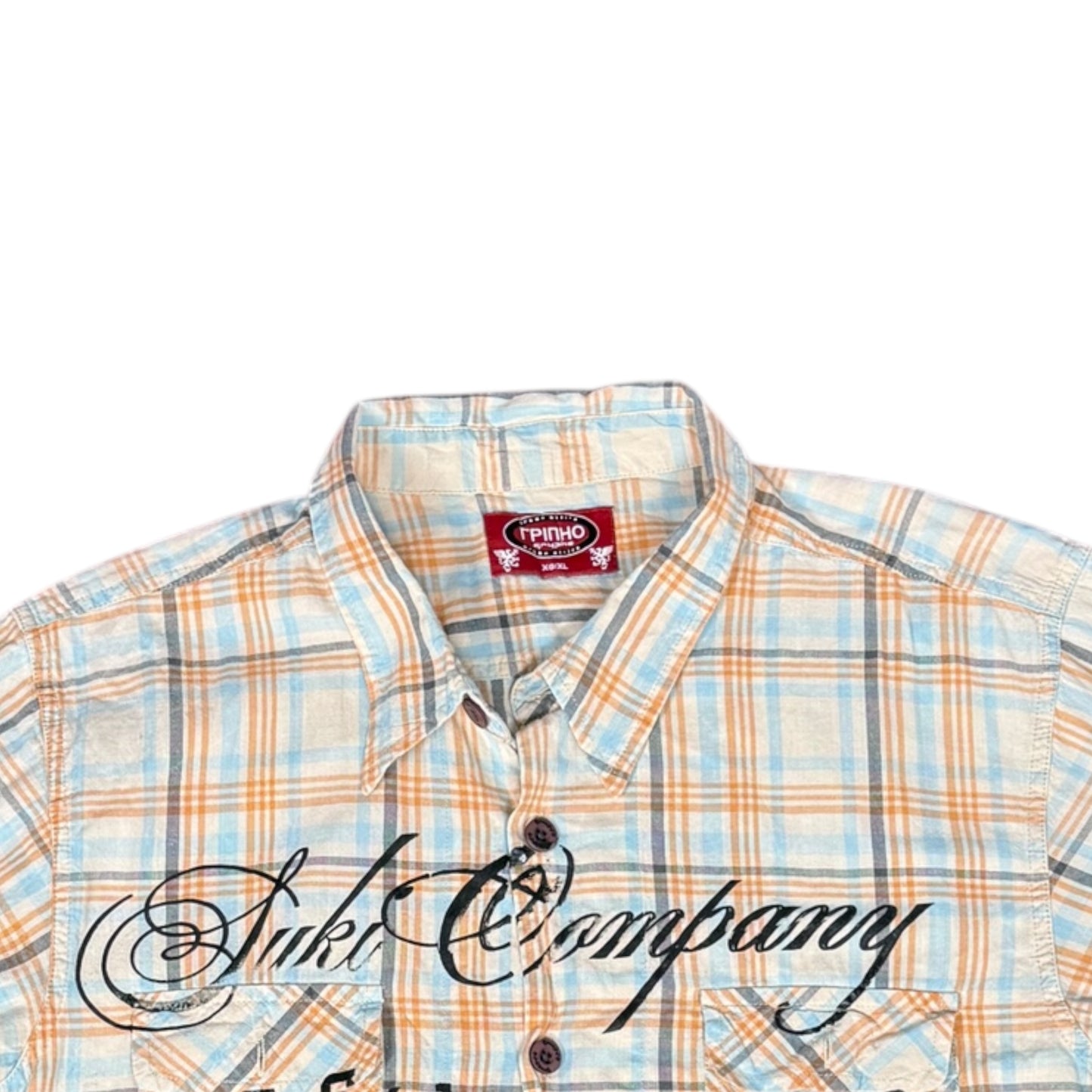 CAMISA MANGA CORTA SUKI CUADROS NARANJA AZUL LETRAS NEGRAS TALLA M SK220
