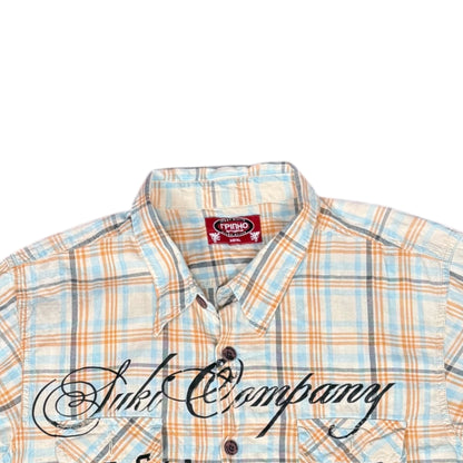 CAMISA MANGA CORTA SUKI CUADROS NARANJA AZUL LETRAS NEGRAS TALLA M SK220