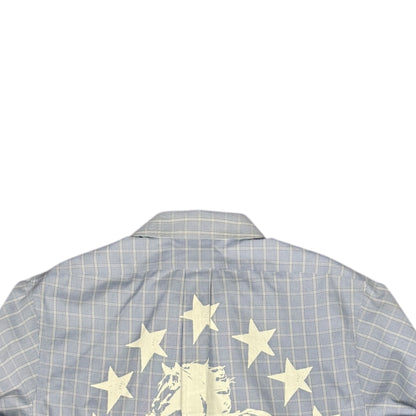 CAMISA MANGA LARGA SUKI AZUL CLARO CUADROS LETRAS BLANCAS TALLA L SK217