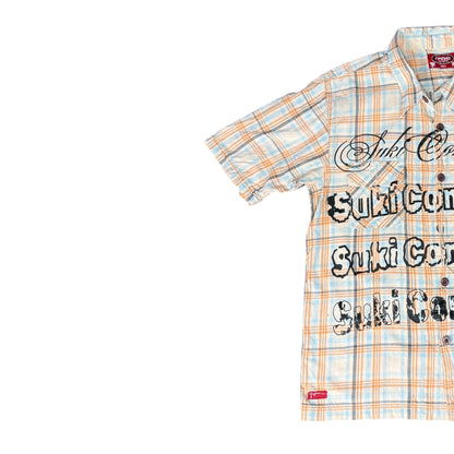 CAMISA MANGA CORTA SUKI CUADROS NARANJA AZUL LETRAS NEGRAS TALLA M SK220