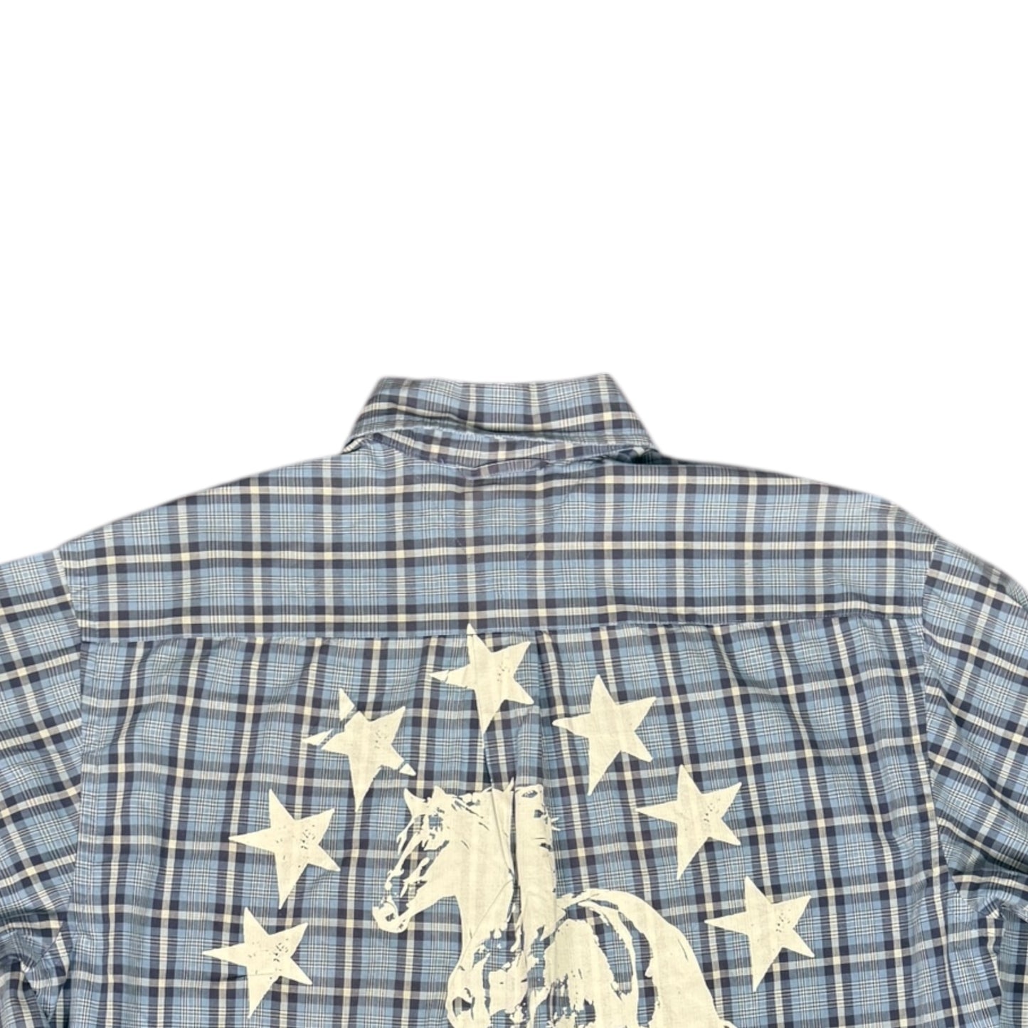 CAMISA MANGA LARGA SUKI AZUL CUADROS LETRAS BLANCAS TALLA L SK222