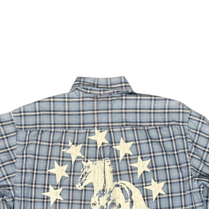 CAMISA MANGA LARGA SUKI AZUL CUADROS LETRAS BLANCAS TALLA L SK222
