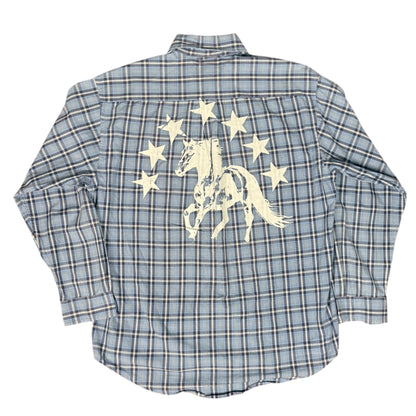 CAMISA MANGA LARGA SUKI AZUL CUADROS LETRAS BLANCAS TALLA L SK222