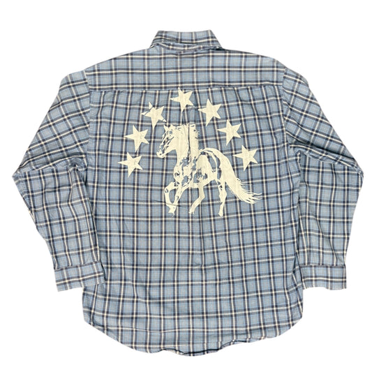 CAMISA MANGA LARGA SUKI AZUL CUADROS LETRAS BLANCAS TALLA L SK222