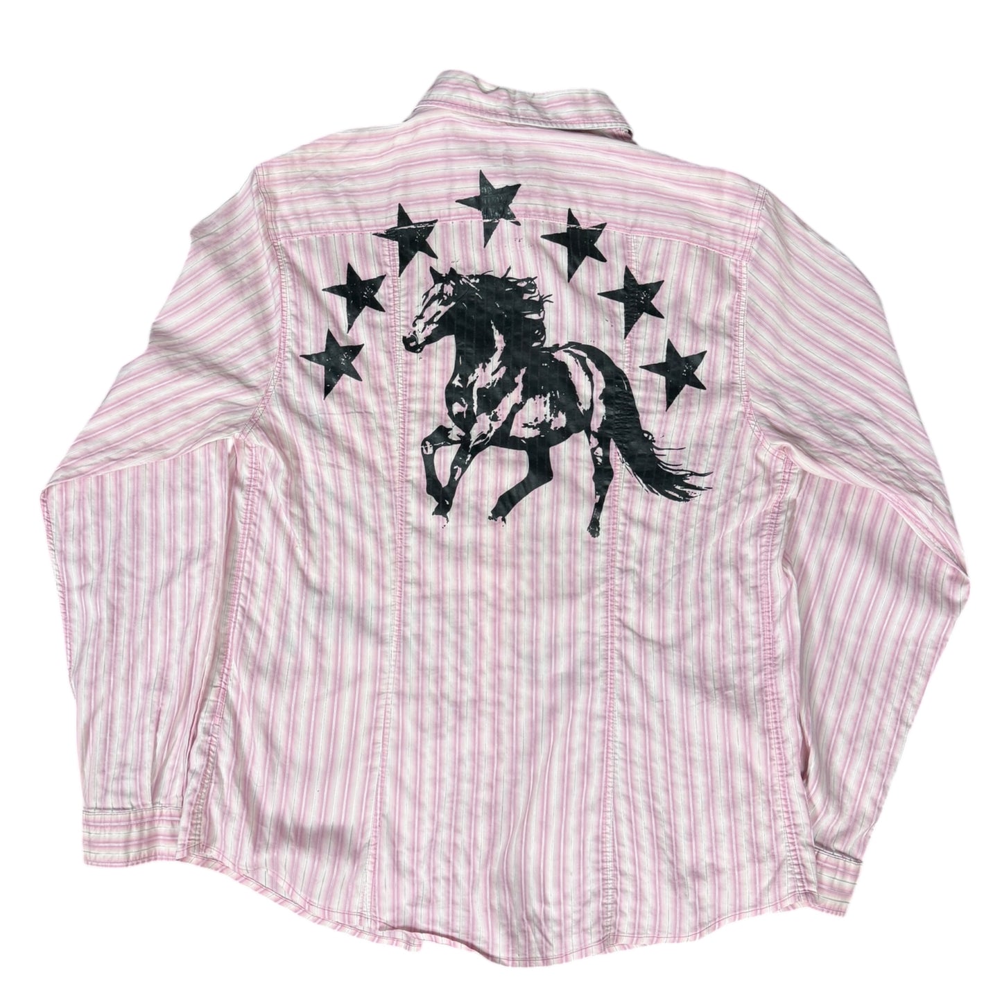 CAMISA MANGA LARGA SUKI ROSA RAYAS LETRAS NEGRAS TALLA M SK208