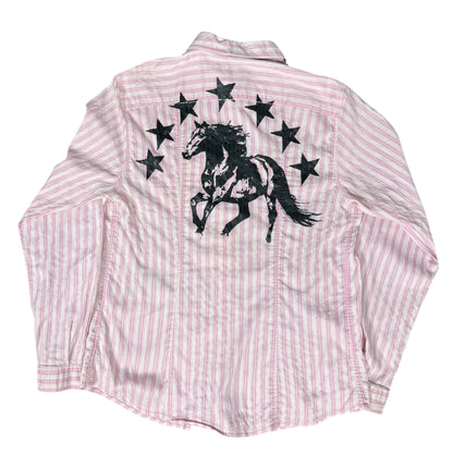 CAMISA MANGA LARGA SUKI ROSA RAYAS LETRAS NEGRAS TALLA M SK208