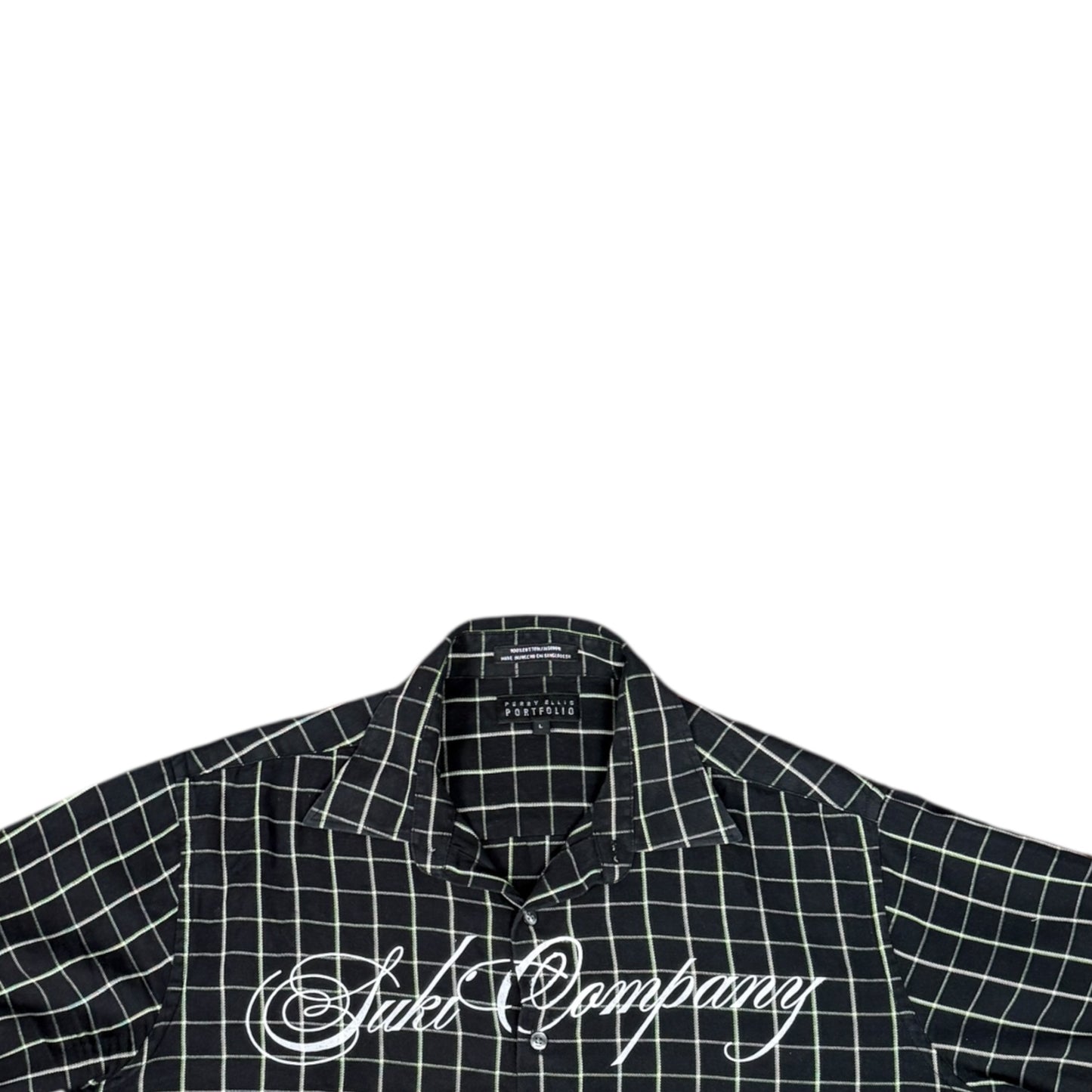 CAMISA MANGA LARGA SUKI NEGRA CUADROS BLANCOS LETRAS BLANCAS TALLA XL SK219