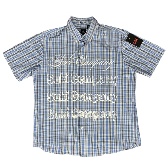 CAMISA MANGA CORTA SUKI AZUL CUADROS LETRAS BLANCAS TALLA M SK205