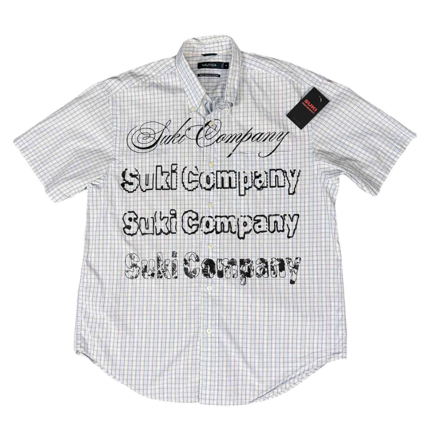 CAMISA MANGA CORTA SUKI BLANCA CUADROS LETRAS NEGRAS TALLA M SK209