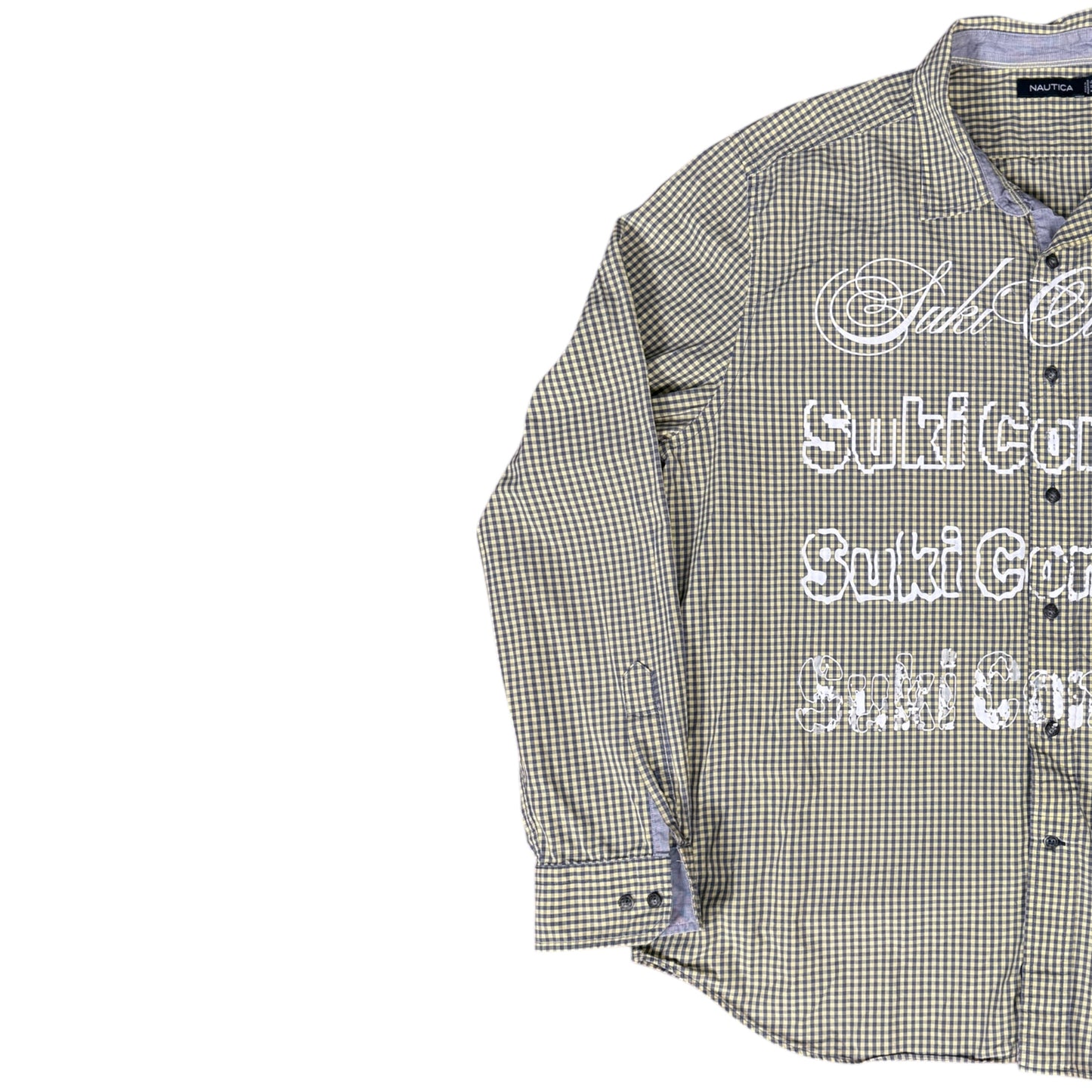CAMISA MANGA LARGA SUKI VERDE OLIVO CUADROS LETRAS BLANCAS TALLA L SK212