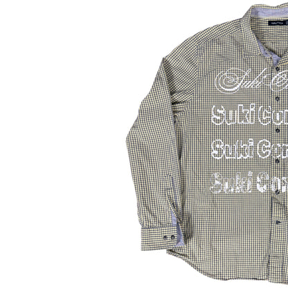 CAMISA MANGA LARGA SUKI VERDE OLIVO CUADROS LETRAS BLANCAS TALLA L SK212