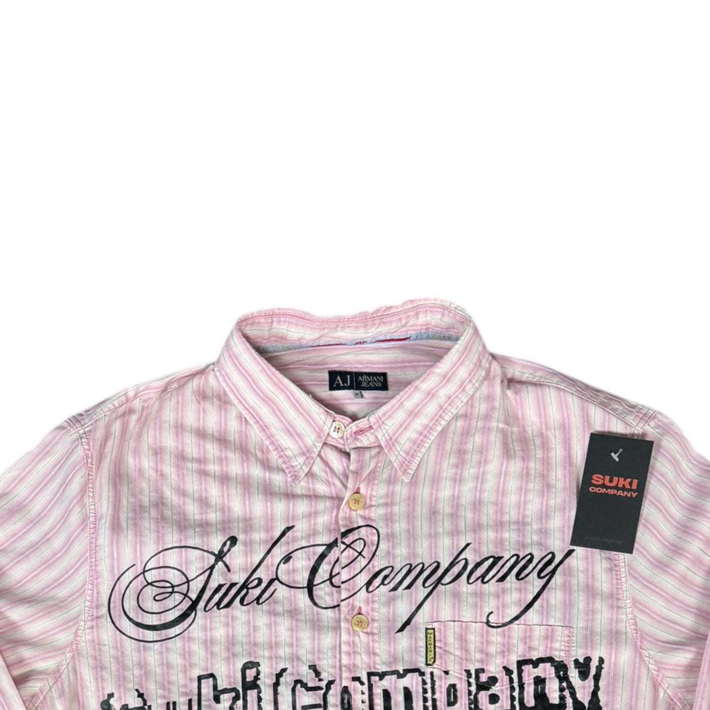 CAMISA MANGA LARGA SUKI ROSA RAYAS LETRAS NEGRAS TALLA M SK208