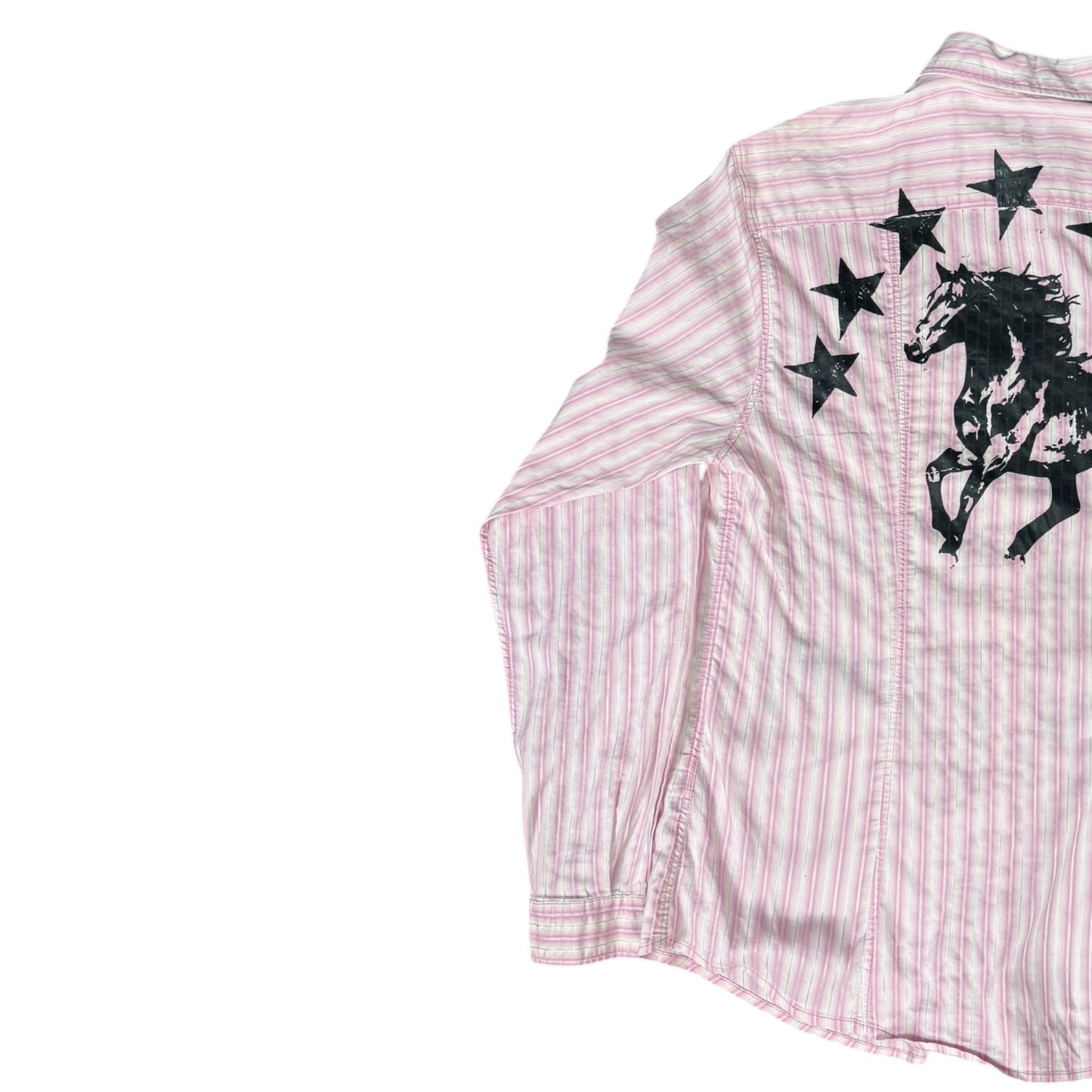 CAMISA MANGA LARGA SUKI ROSA RAYAS LETRAS NEGRAS TALLA M SK208