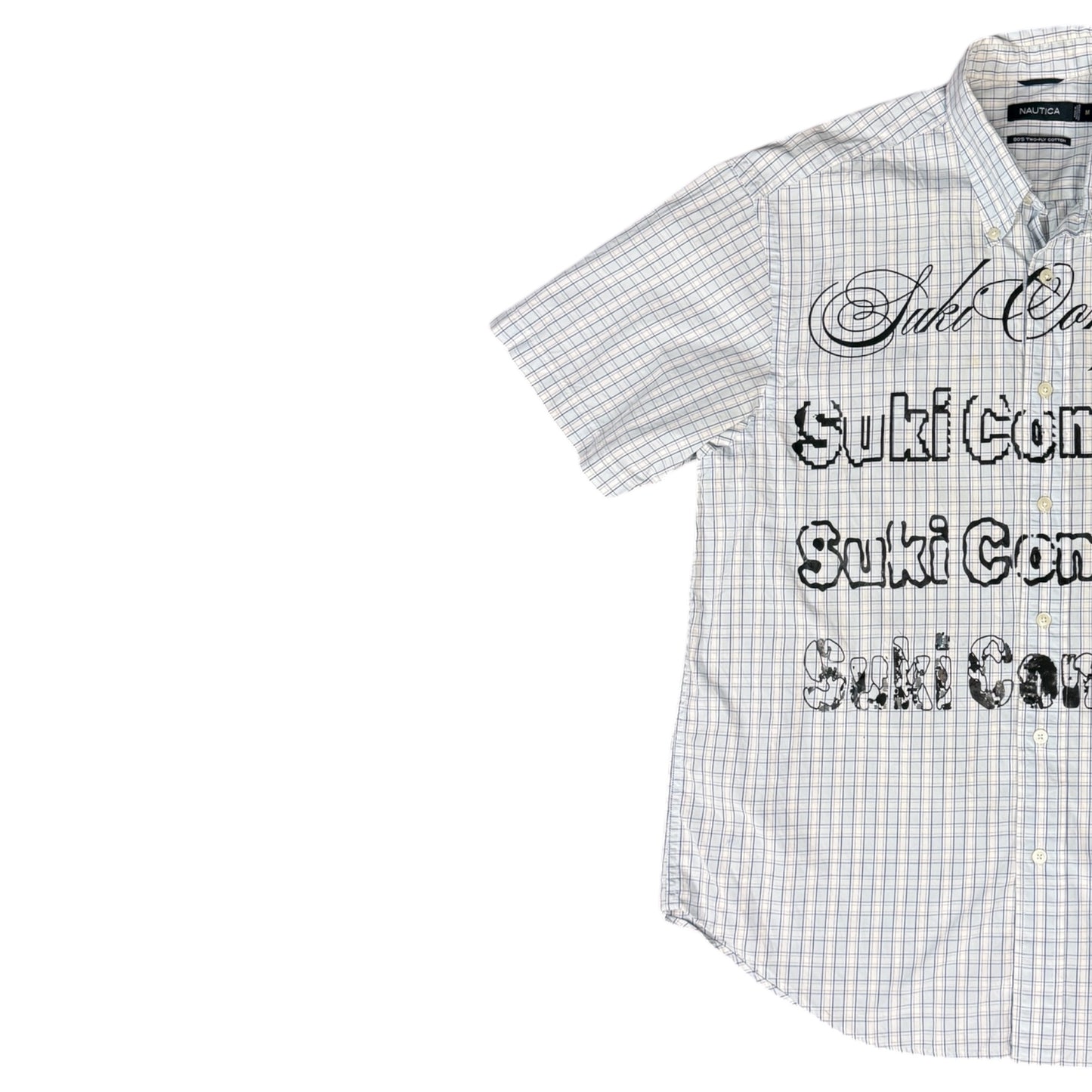 CAMISA MANGA CORTA SUKI BLANCA CUADROS LETRAS NEGRAS TALLA M SK209