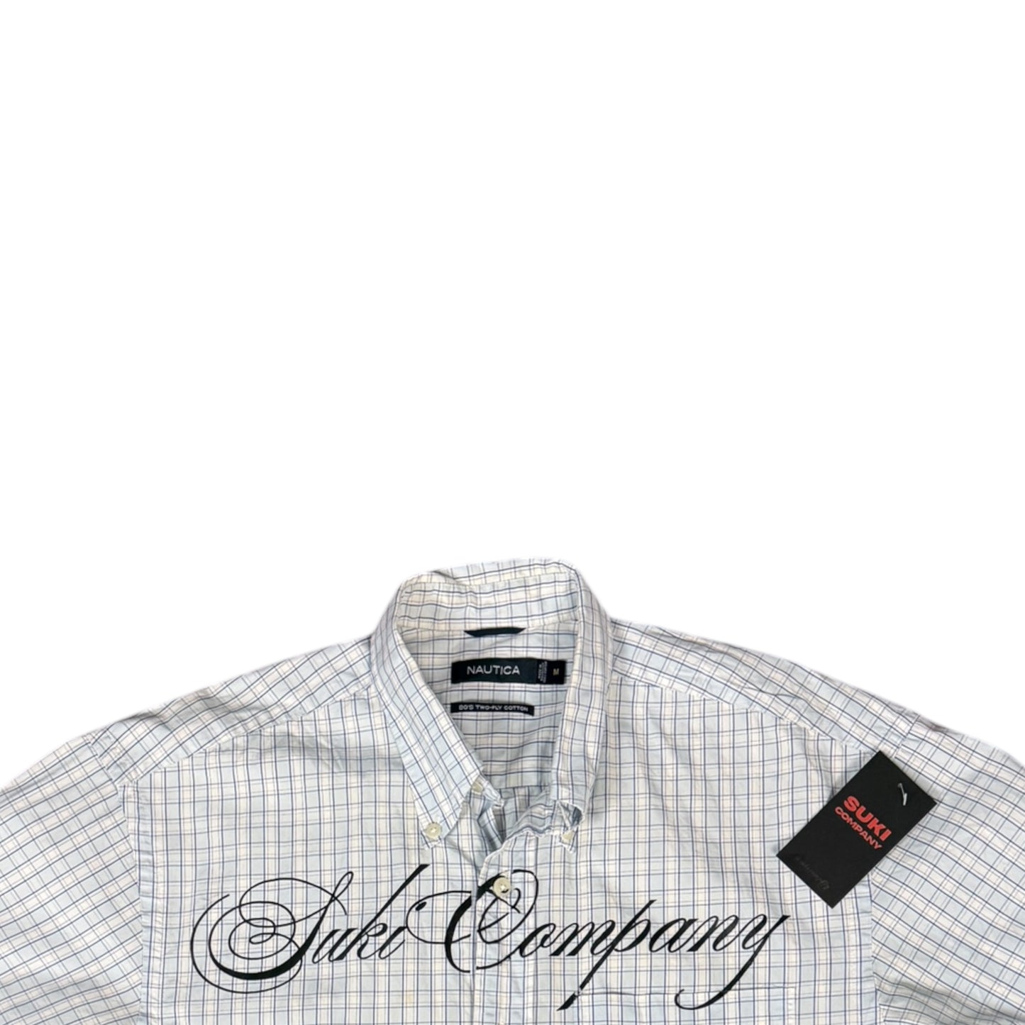 CAMISA MANGA CORTA SUKI BLANCA CUADROS LETRAS NEGRAS TALLA M SK209