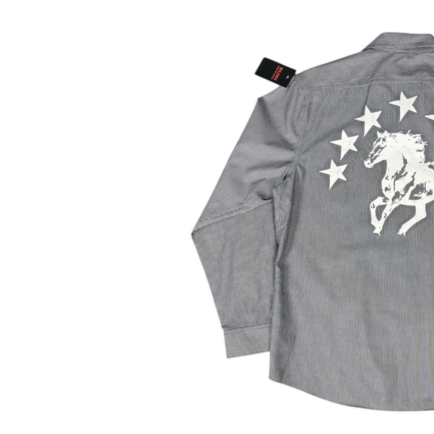 CAMISA MANGA LARGA SUKI GRIS RAYAS LETRAS BLANCAS TALLA L SK210