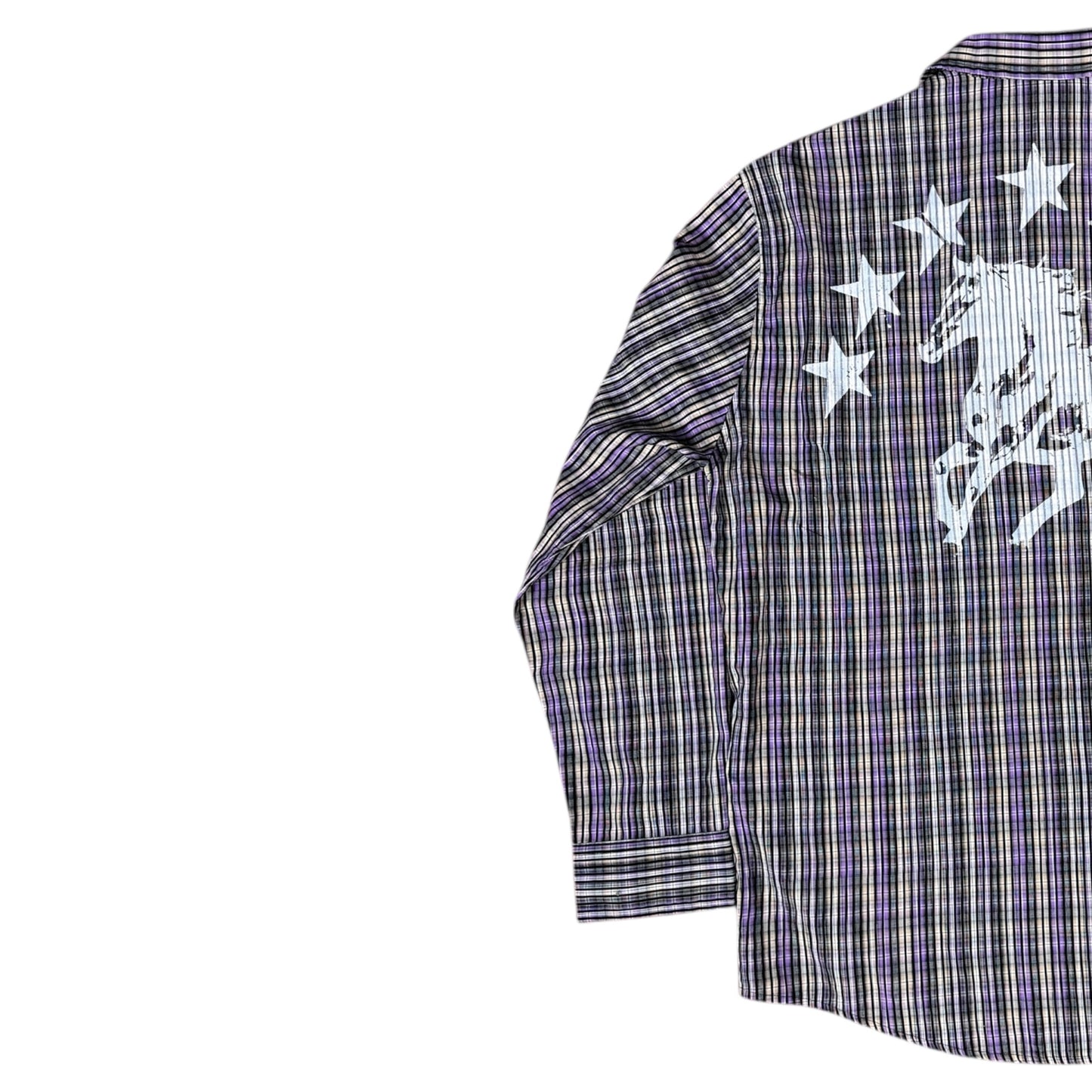 CAMISA MANGA LARGA SUKI MORADA CUADROS LETRAS BLANCAS TALLA L SK211