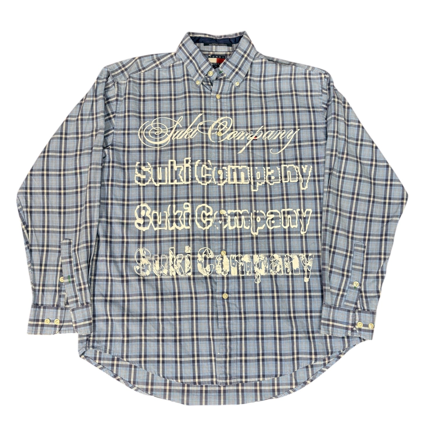 CAMISA MANGA LARGA SUKI AZUL CUADROS LETRAS BLANCAS TALLA L SK222