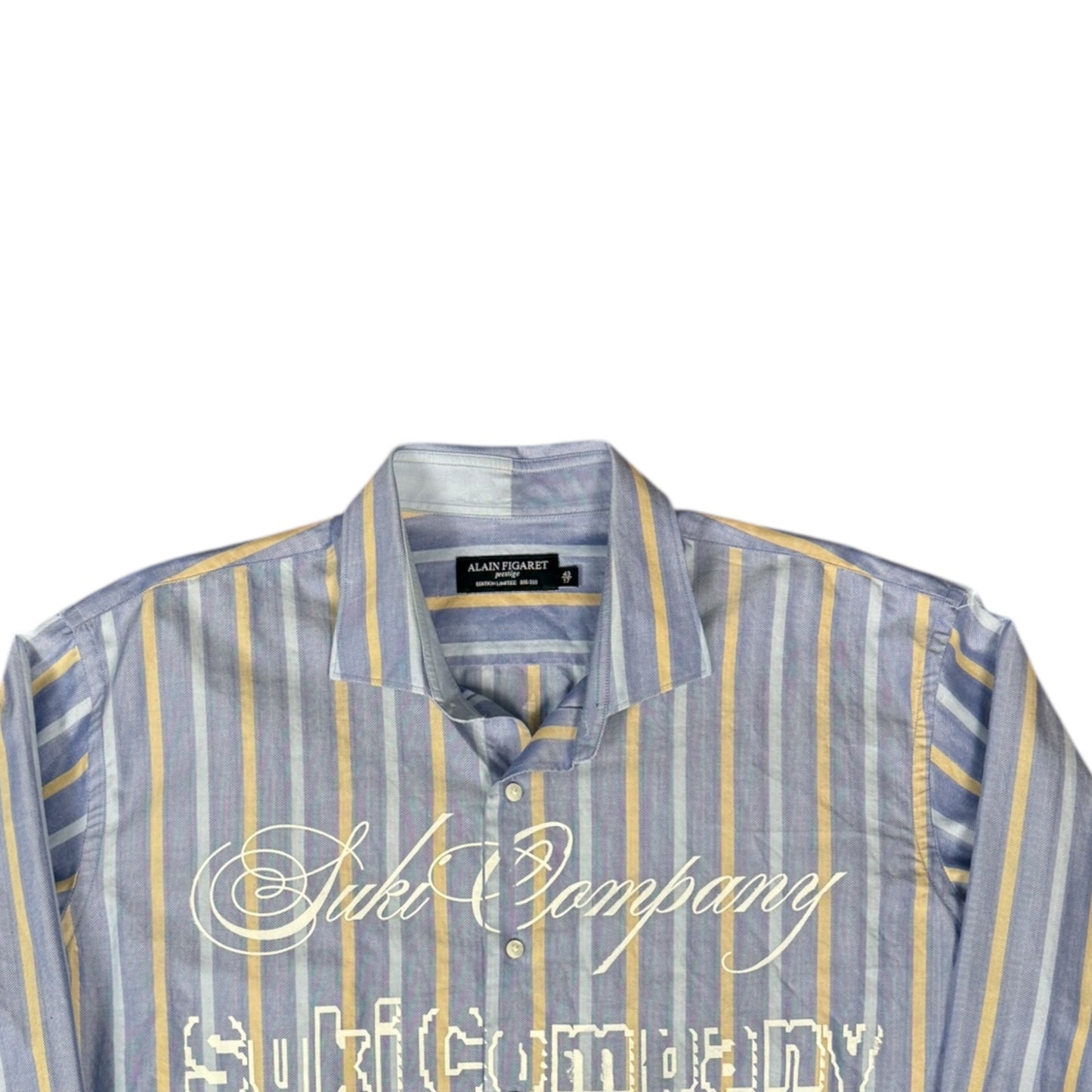 CAMISA MANGA LARGA SUKI AZUL RAYAS AMARILLAS LETRAS BLANCAS TALLA L SK214