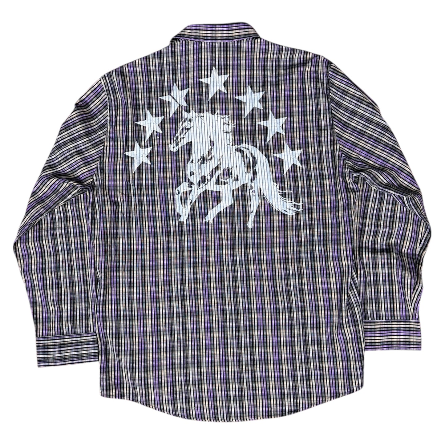 CAMISA MANGA LARGA SUKI MORADA CUADROS LETRAS BLANCAS TALLA L SK211