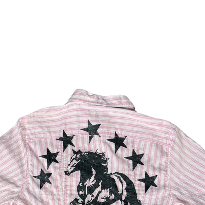 CAMISA MANGA LARGA SUKI ROSA RAYAS LETRAS NEGRAS TALLA M SK208