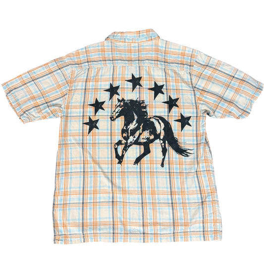 CAMISA MANGA CORTA SUKI CUADROS NARANJA AZUL LETRAS NEGRAS TALLA M SK220