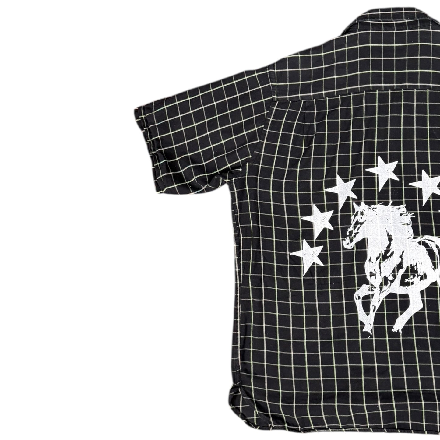 CAMISA MANGA LARGA SUKI NEGRA CUADROS BLANCOS LETRAS BLANCAS TALLA XL SK219