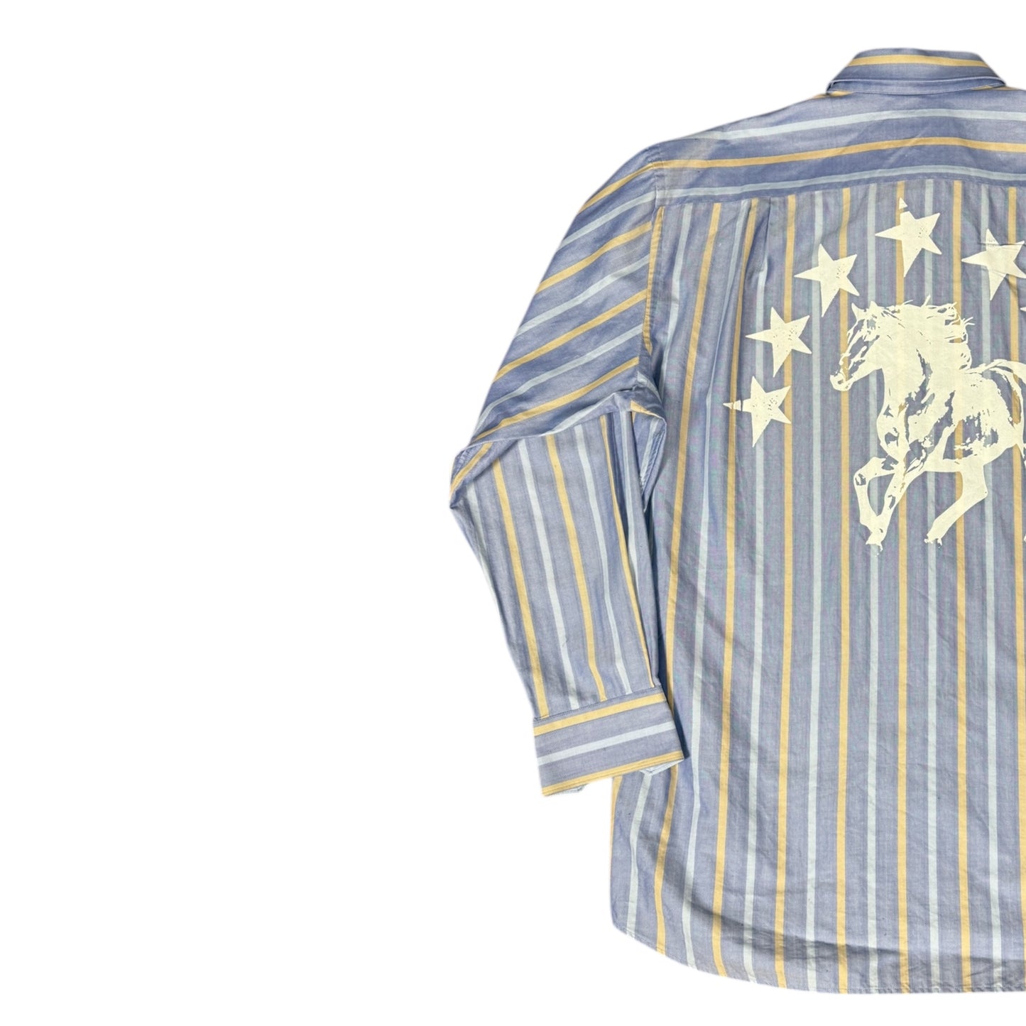 CAMISA MANGA LARGA SUKI AZUL RAYAS AMARILLAS LETRAS BLANCAS TALLA L SK214
