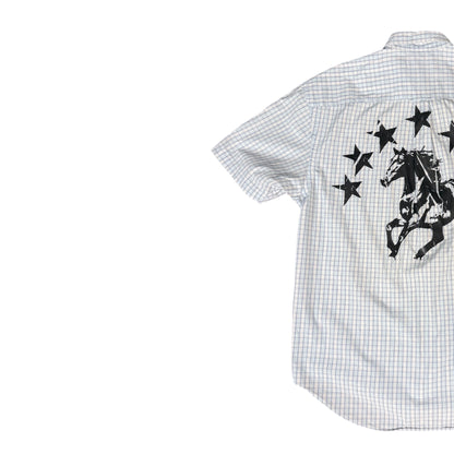CAMISA MANGA CORTA SUKI BLANCA CUADROS LETRAS NEGRAS TALLA M SK209