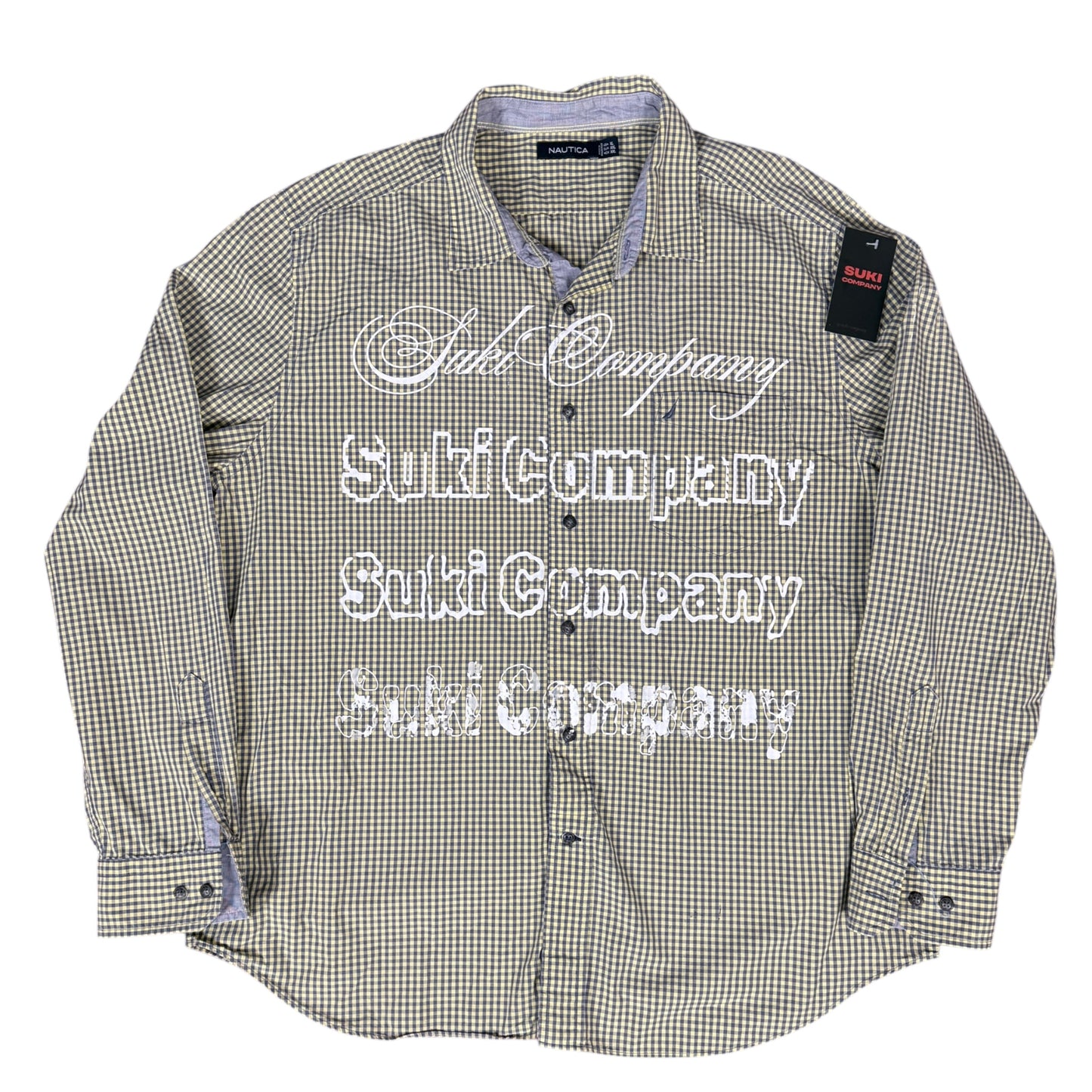 CAMISA MANGA LARGA SUKI VERDE OLIVO CUADROS LETRAS BLANCAS TALLA L SK212