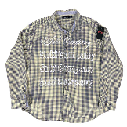 CAMISA MANGA LARGA SUKI VERDE OLIVO CUADROS LETRAS BLANCAS TALLA L SK212