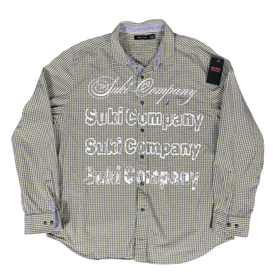 CAMISA MANGA LARGA SUKI VERDE OLIVO CUADROS LETRAS BLANCAS TALLA L SK212