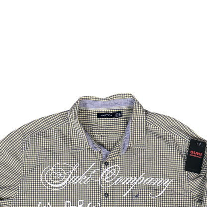 CAMISA MANGA LARGA SUKI VERDE OLIVO CUADROS LETRAS BLANCAS TALLA L SK212