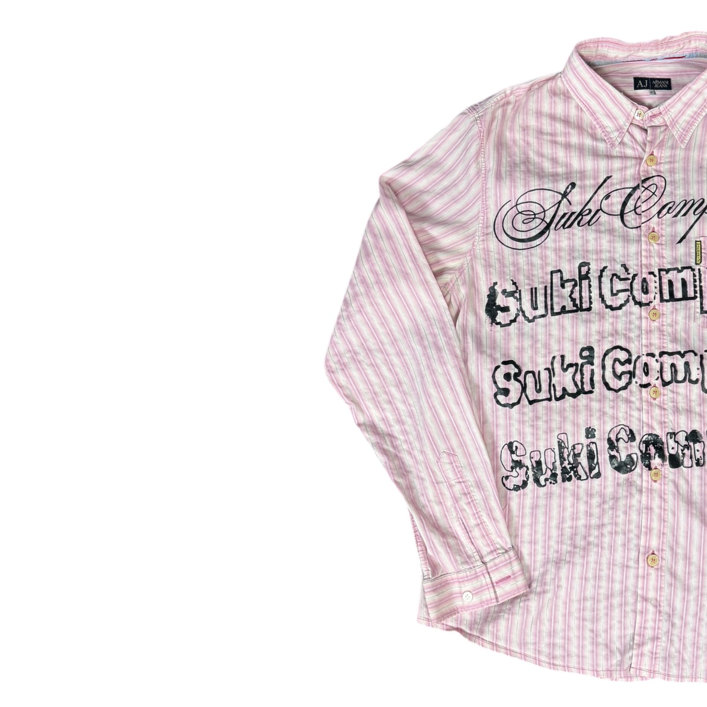 CAMISA MANGA LARGA SUKI ROSA RAYAS LETRAS NEGRAS TALLA M SK208