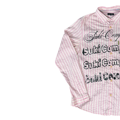 CAMISA MANGA LARGA SUKI ROSA RAYAS LETRAS NEGRAS TALLA M SK208